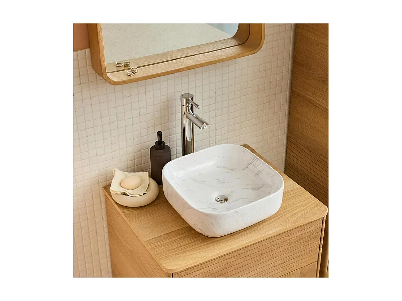 Lavabo sobre encimera cuadrado DIANE de 37 cm en cerámica efecto mármol blanco