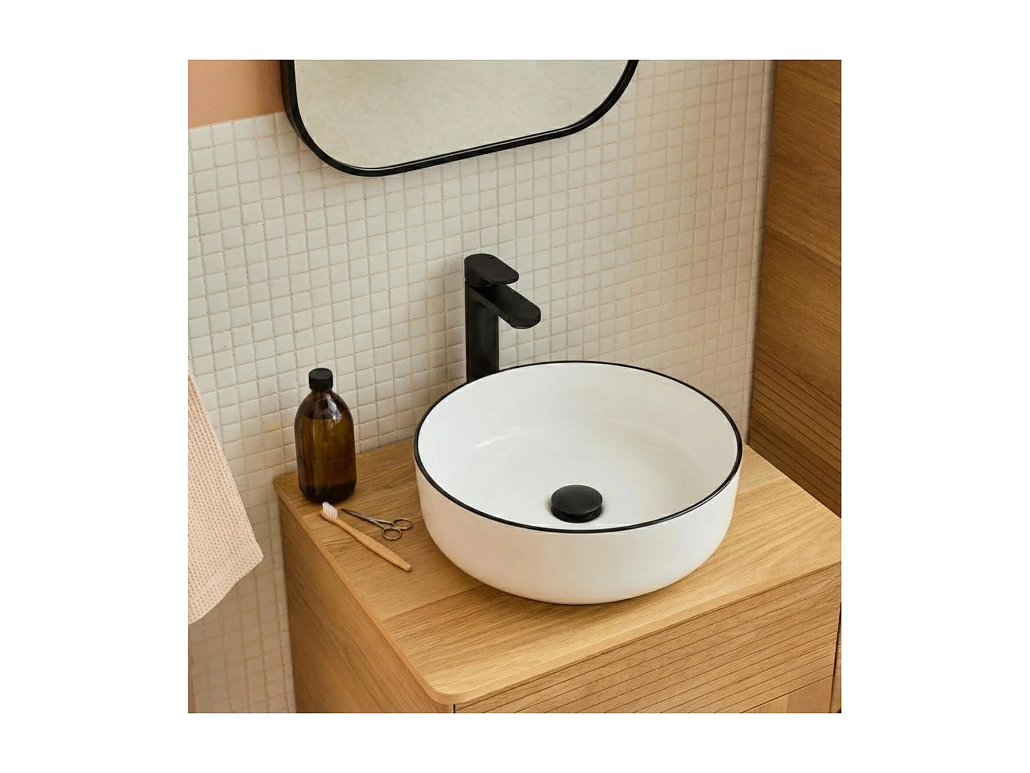 Lavabo da appoggio rotondo in ceramica bianca con bordo nero, 37cm ALIX