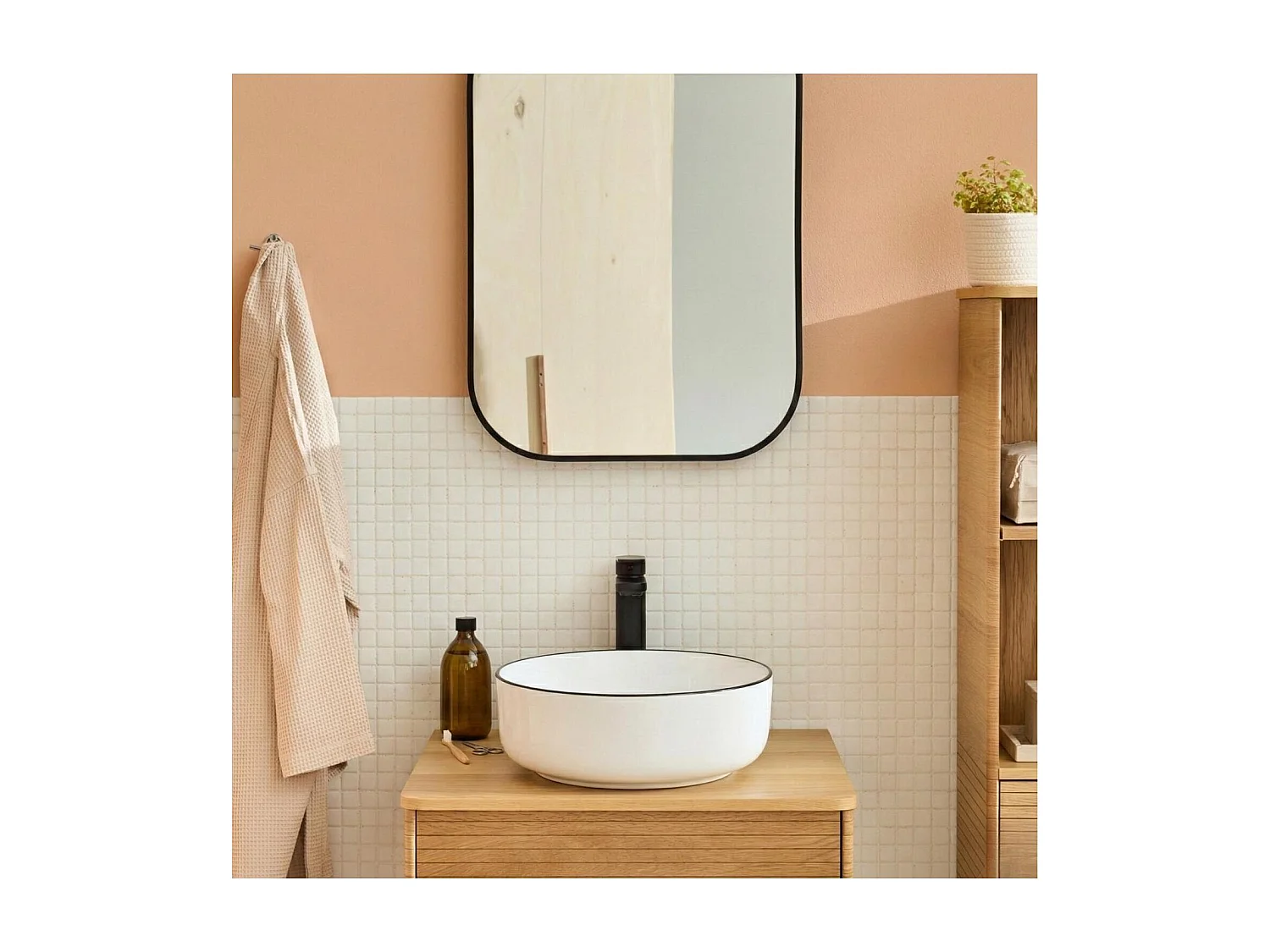 Lavabo da appoggio rotondo in ceramica bianca con bordo nero, 37cm ALIX