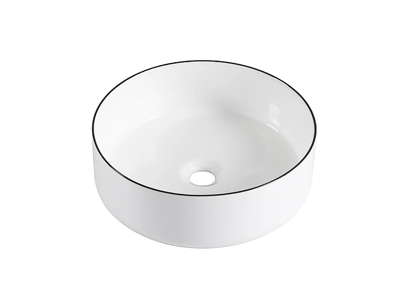 Okrągła umywalka nablatowa z białej ceramiki z czarnym rantem, ALIX 37 cm