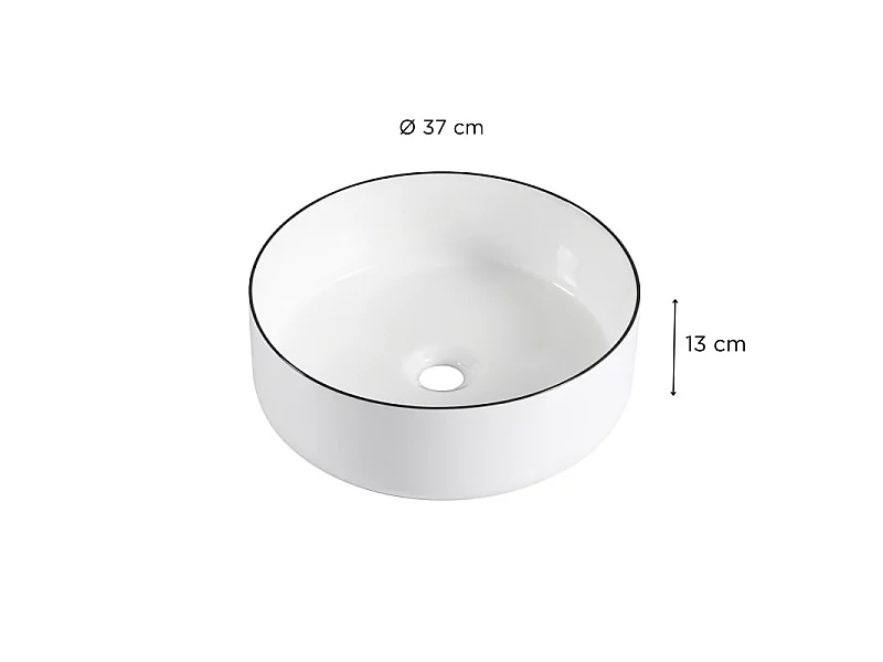 Okrągła umywalka nablatowa z białej ceramiki z czarnym rantem, ALIX 37 cm