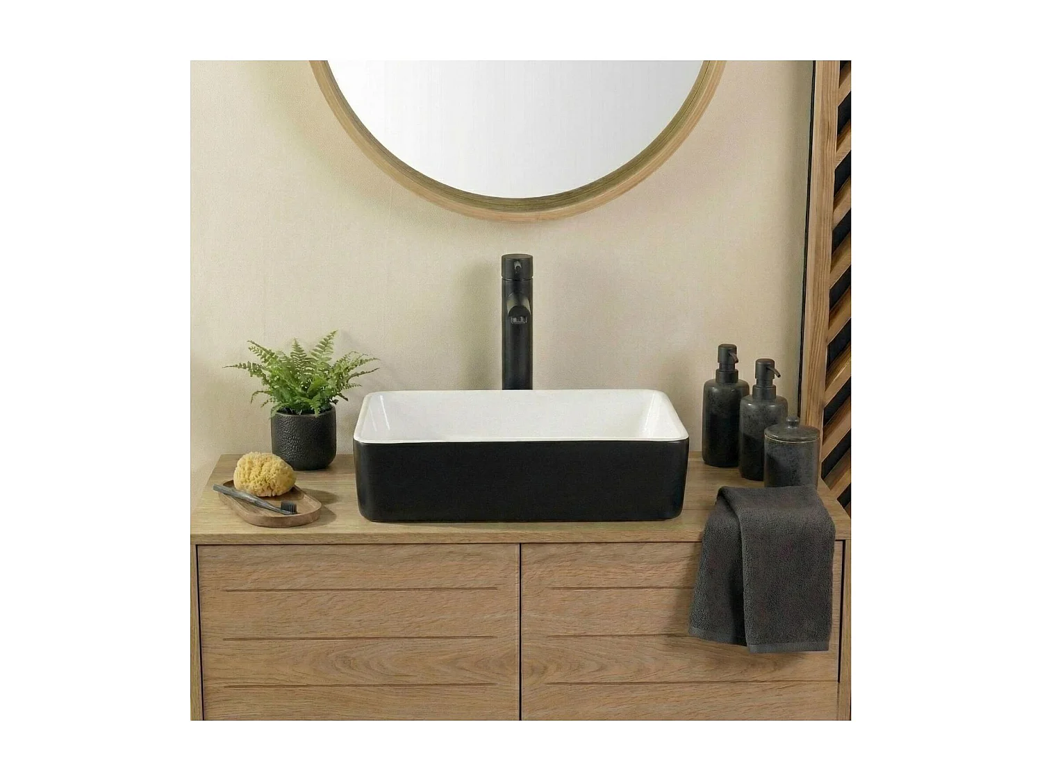 Rechteckiges Aufsatzwaschbecken aus zweifarbiger, schwarz-weißer Keramik, 47 x 36 cm, YDRA