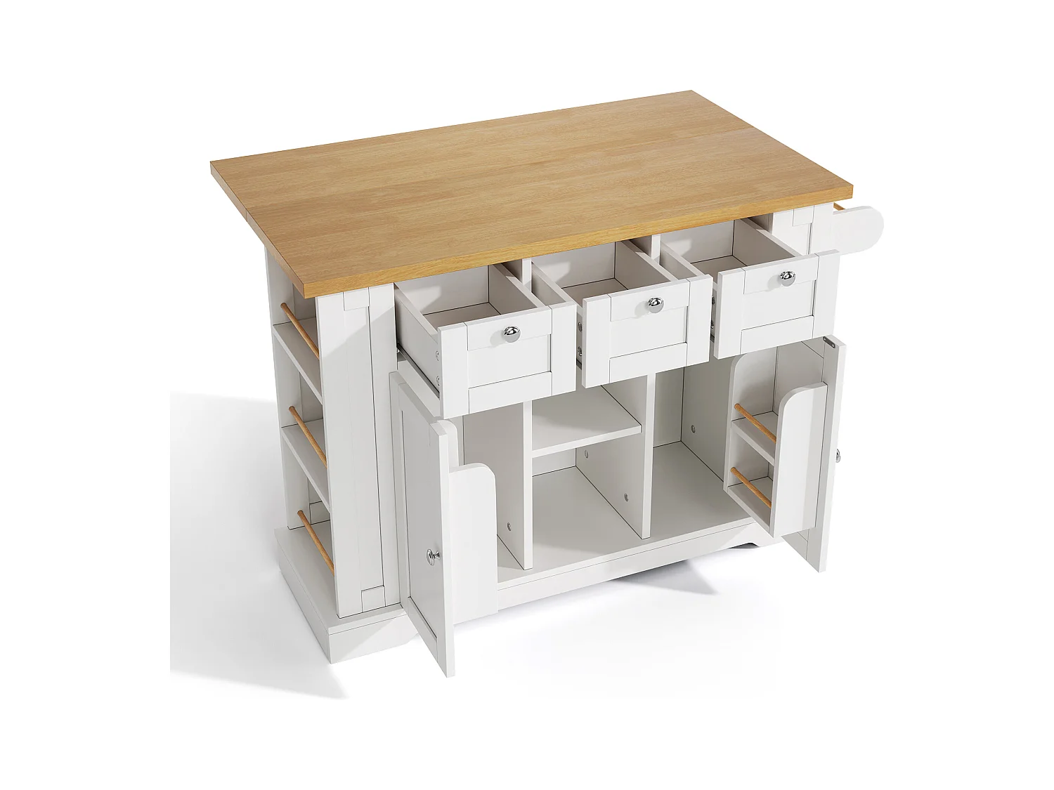 Desserte blanc - Îlot de cuisine avec 2 portes et 3 tiroirs - étagère à épices et 5 roulettes - pour cuisine et salle à manger