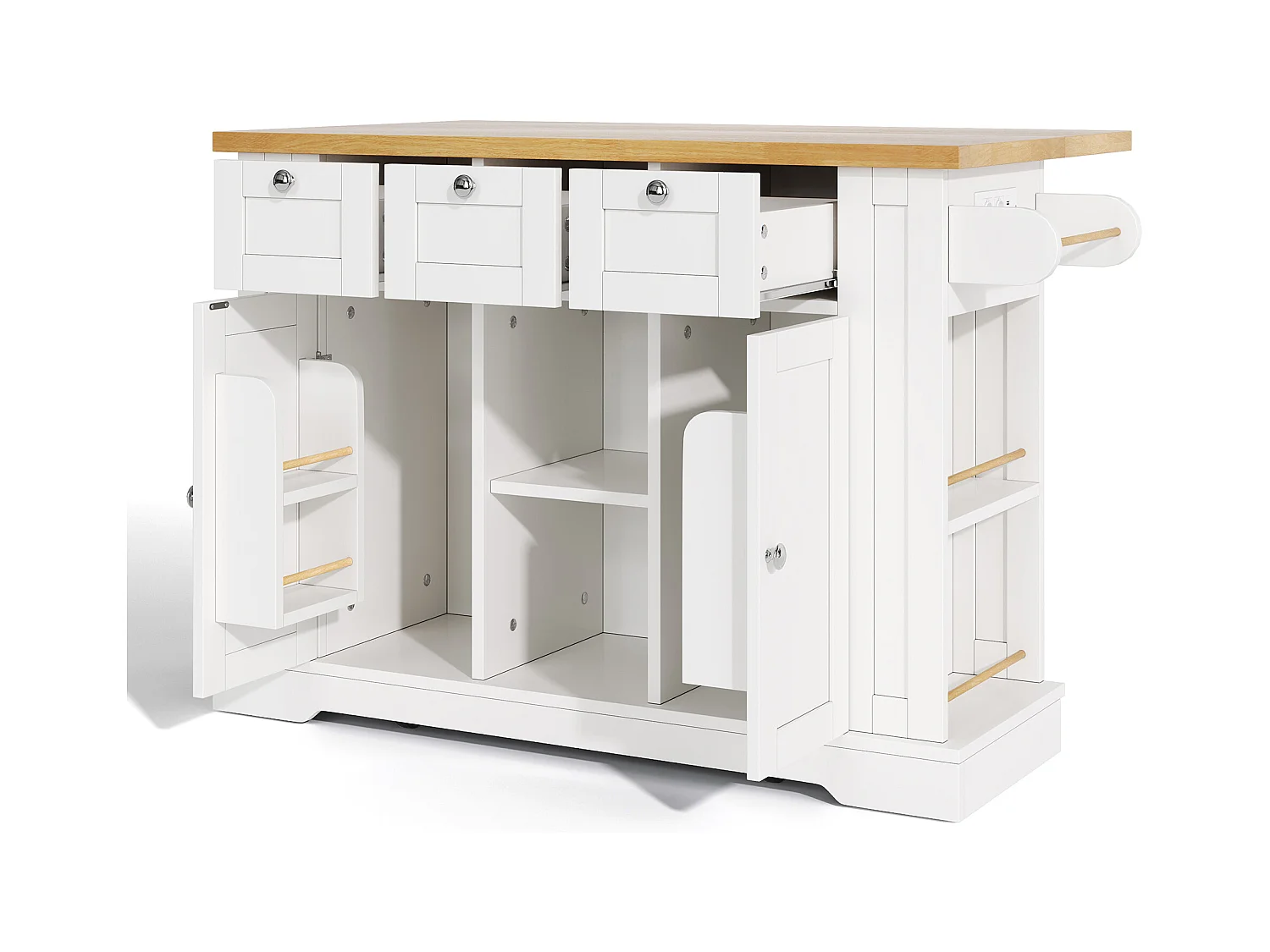 Desserte blanc - Îlot de cuisine avec 2 portes et 3 tiroirs - étagère à épices et 5 roulettes - pour cuisine et salle à manger
