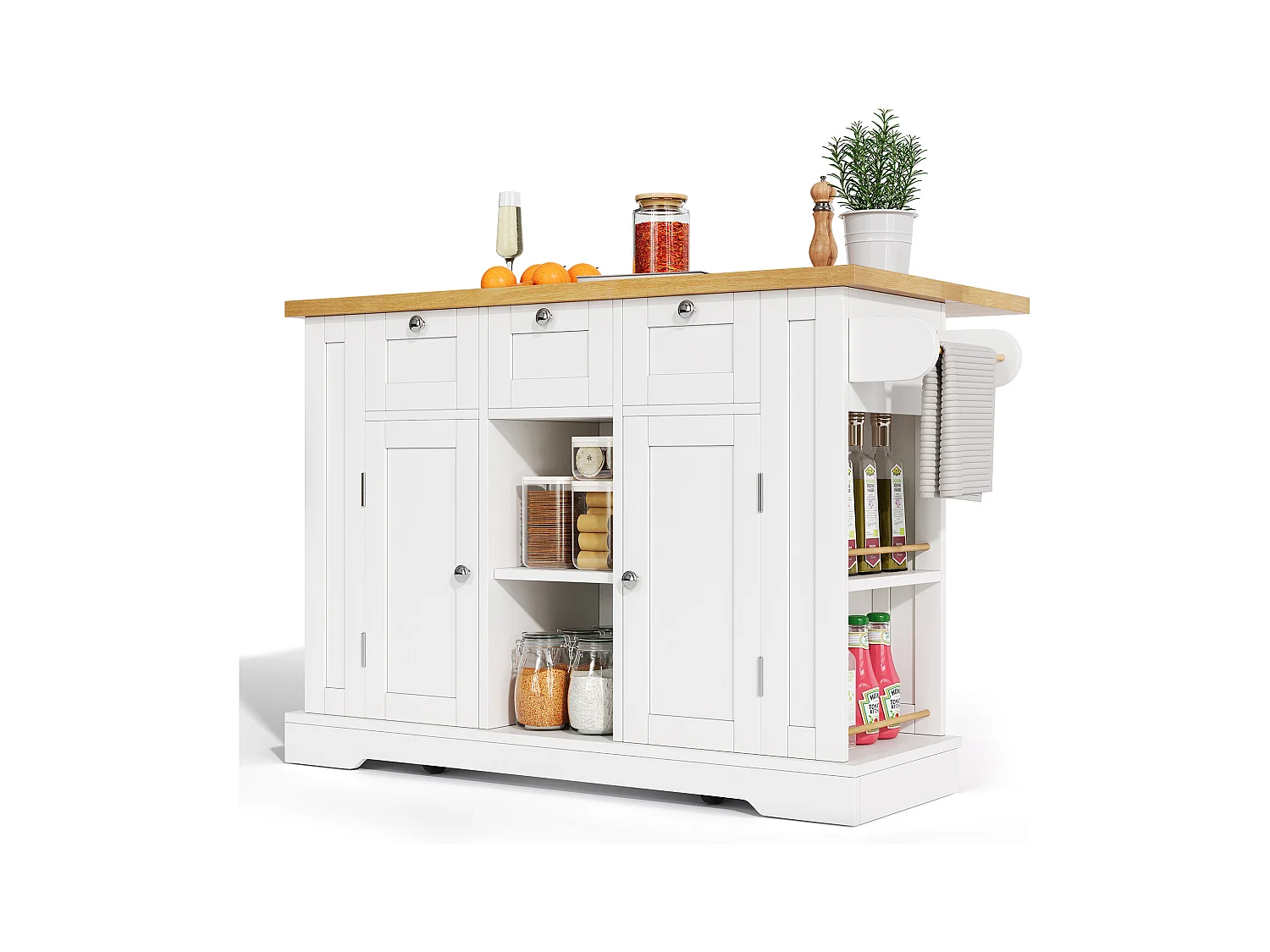 Desserte blanc - Îlot de cuisine avec 2 portes et 3 tiroirs - étagère à épices et 5 roulettes - pour cuisine et salle à manger