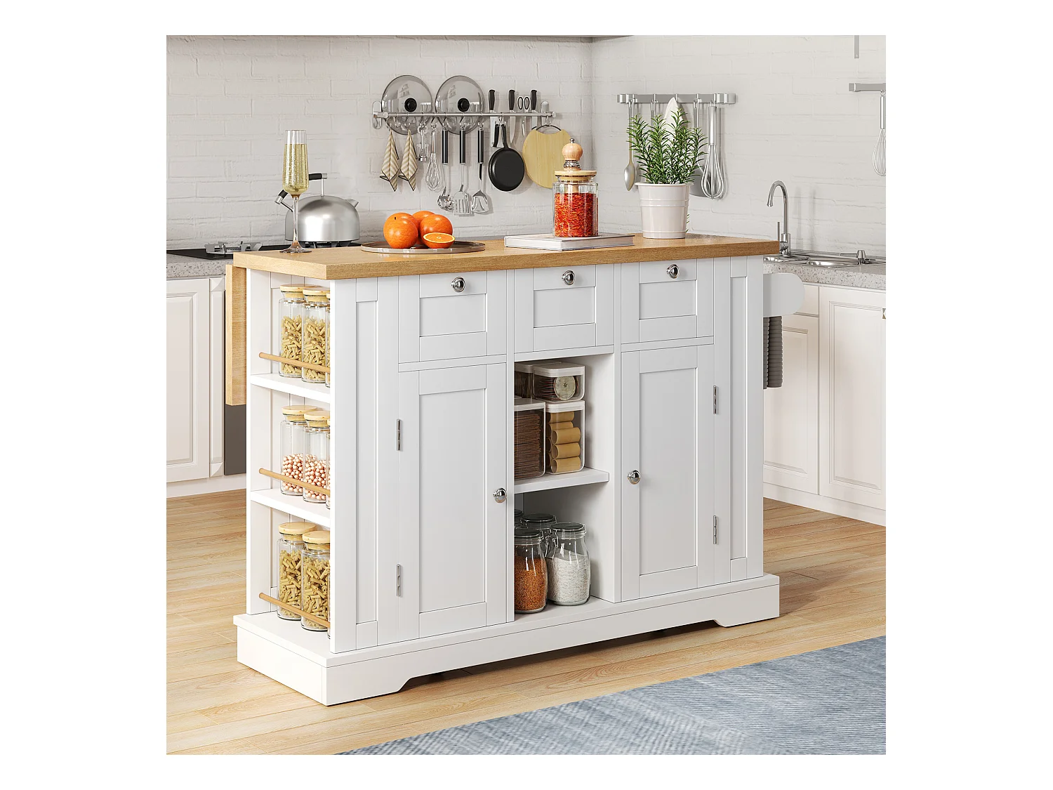 Desserte blanc - Îlot de cuisine avec 2 portes et 3 tiroirs - étagère à épices et 5 roulettes - pour cuisine et salle à manger