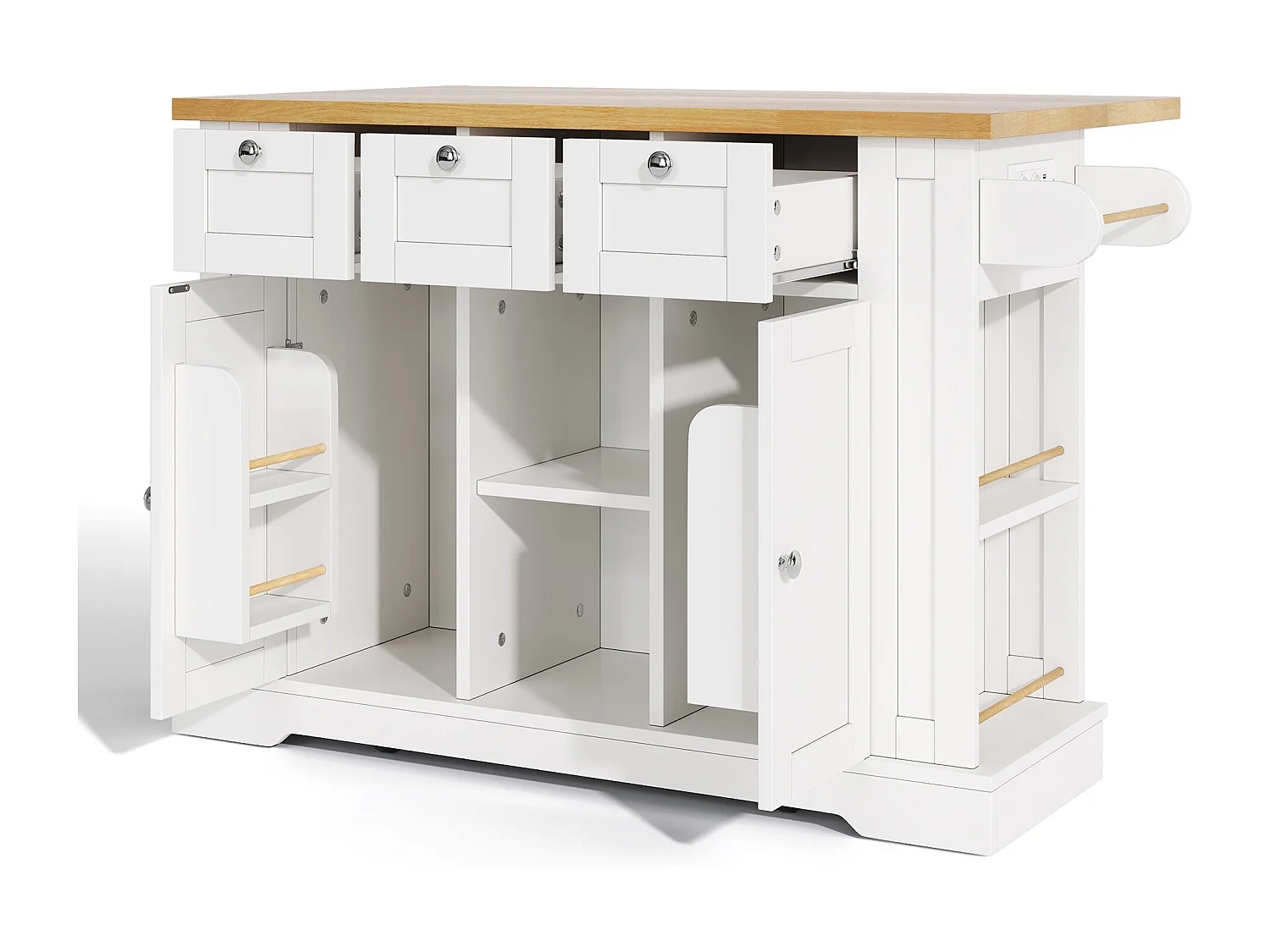 Carrinho branco - Ilha de cozinha com 2 portas e 3 gavetas - porta-temperos e 5 rodízios - para cozinha e sala de jantar