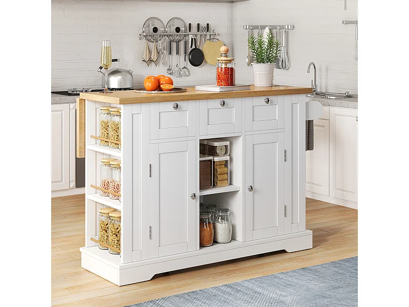 Biały wózek - Wyspa kuchenna z 2 drzwiami i 3 szufladami - półka na przyprawy i 5 kółek - do kuchni i jadalni