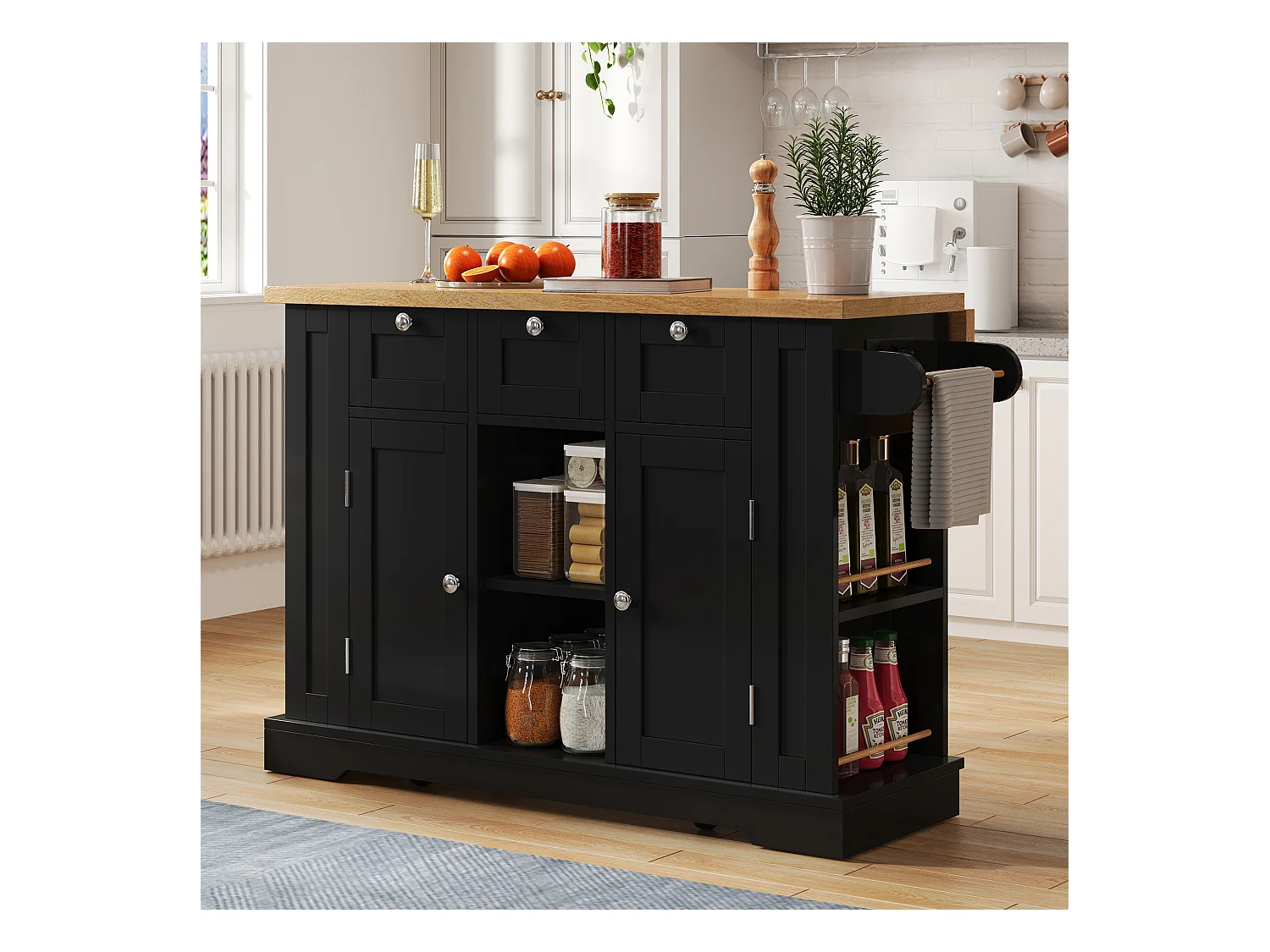 Desserte noir - Îlot de cuisine avec 2 portes et 3 tiroirs - étagère à épices et 5 roulettes - pour cuisine et salle à manger