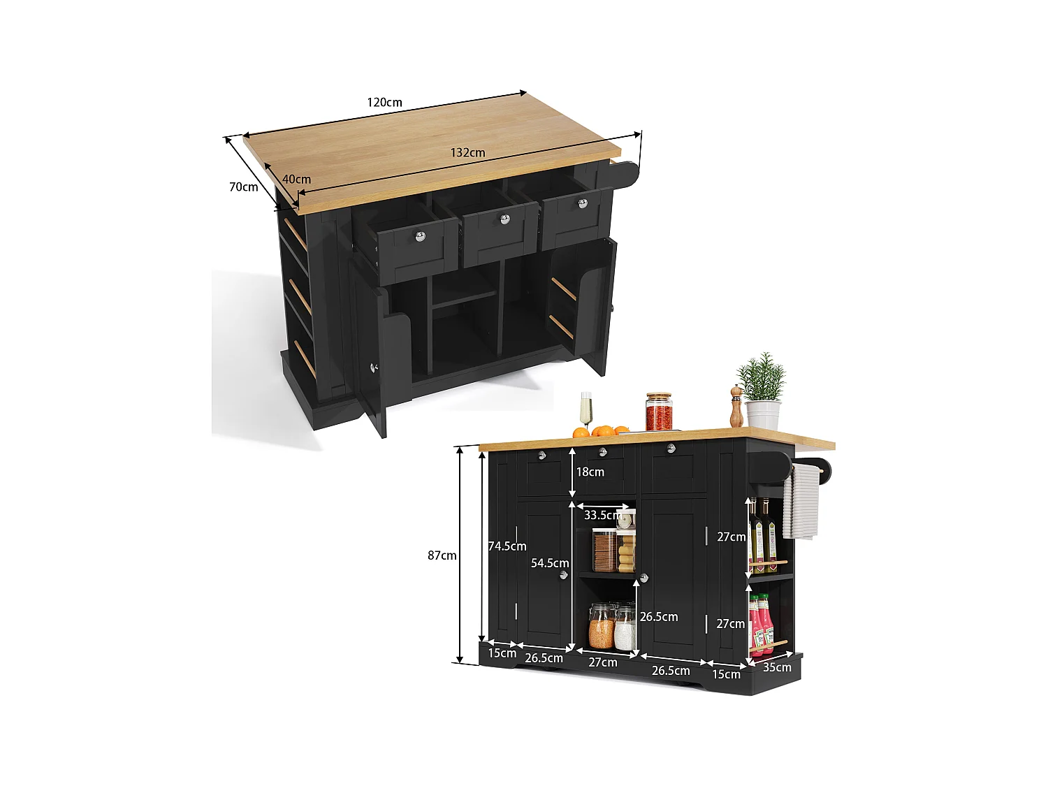 Desserte noir - Îlot de cuisine avec 2 portes et 3 tiroirs - étagère à épices et 5 roulettes - pour cuisine et salle à manger