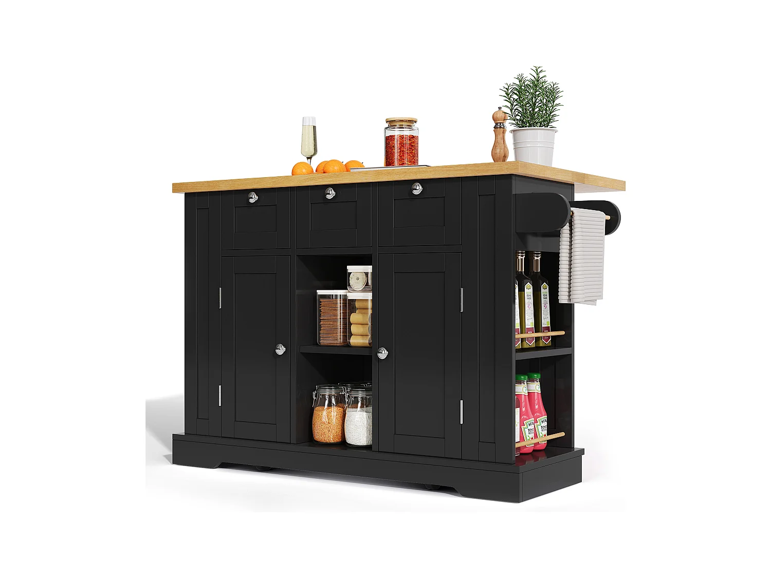 Desserte noir - Îlot de cuisine avec 2 portes et 3 tiroirs - étagère à épices et 5 roulettes - pour cuisine et salle à manger