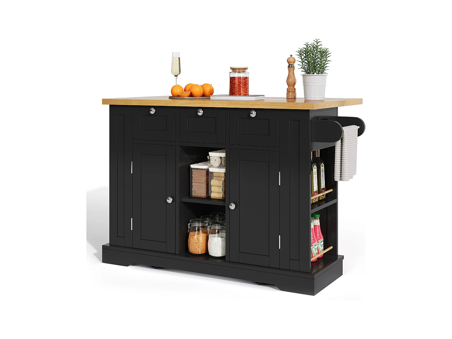 Desserte noir - Îlot de cuisine avec 2 portes et 3 tiroirs - étagère à épices et 5 roulettes - pour cuisine et salle à manger