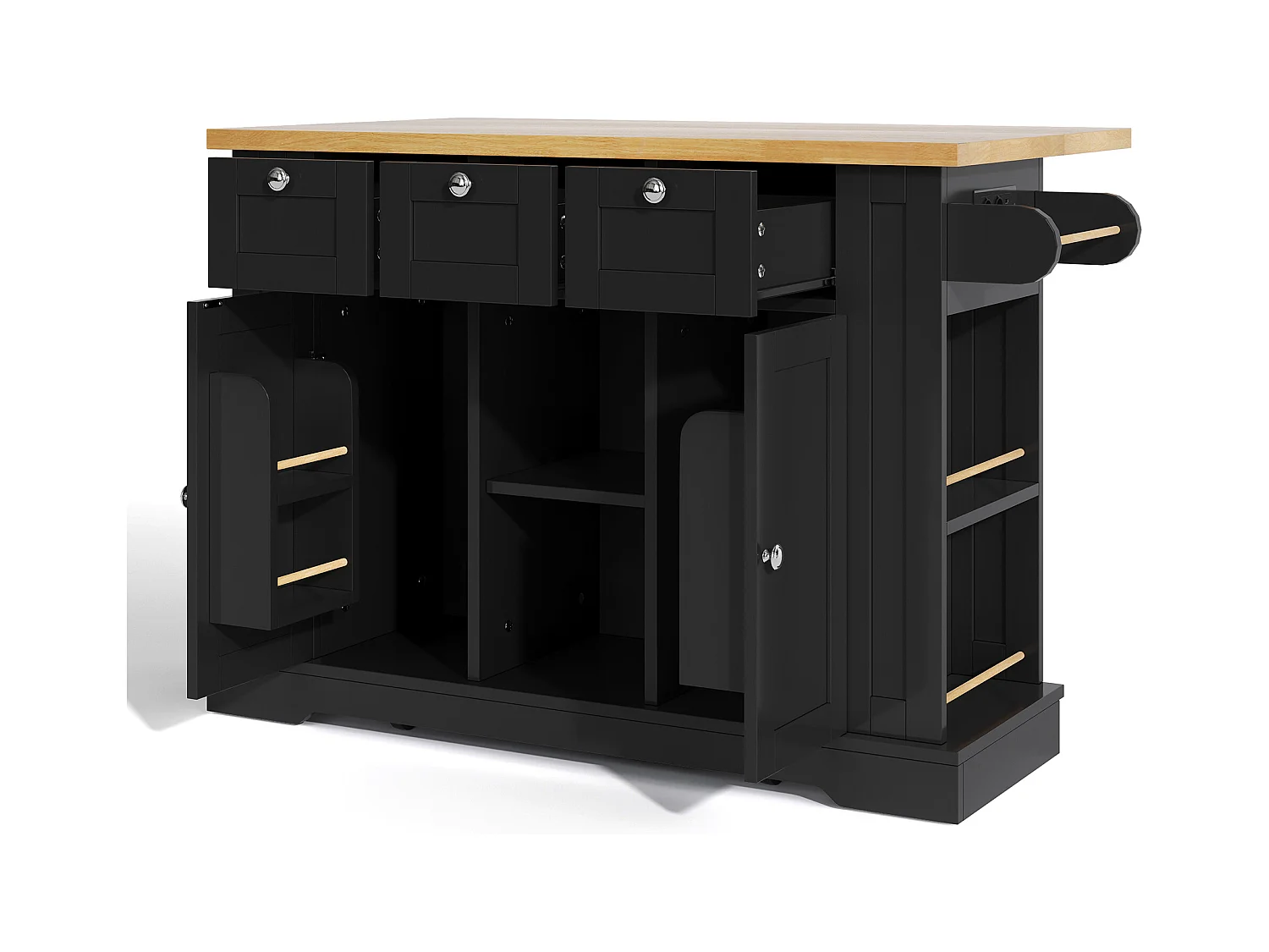 Desserte noir - Îlot de cuisine avec 2 portes et 3 tiroirs - étagère à épices et 5 roulettes - pour cuisine et salle à manger