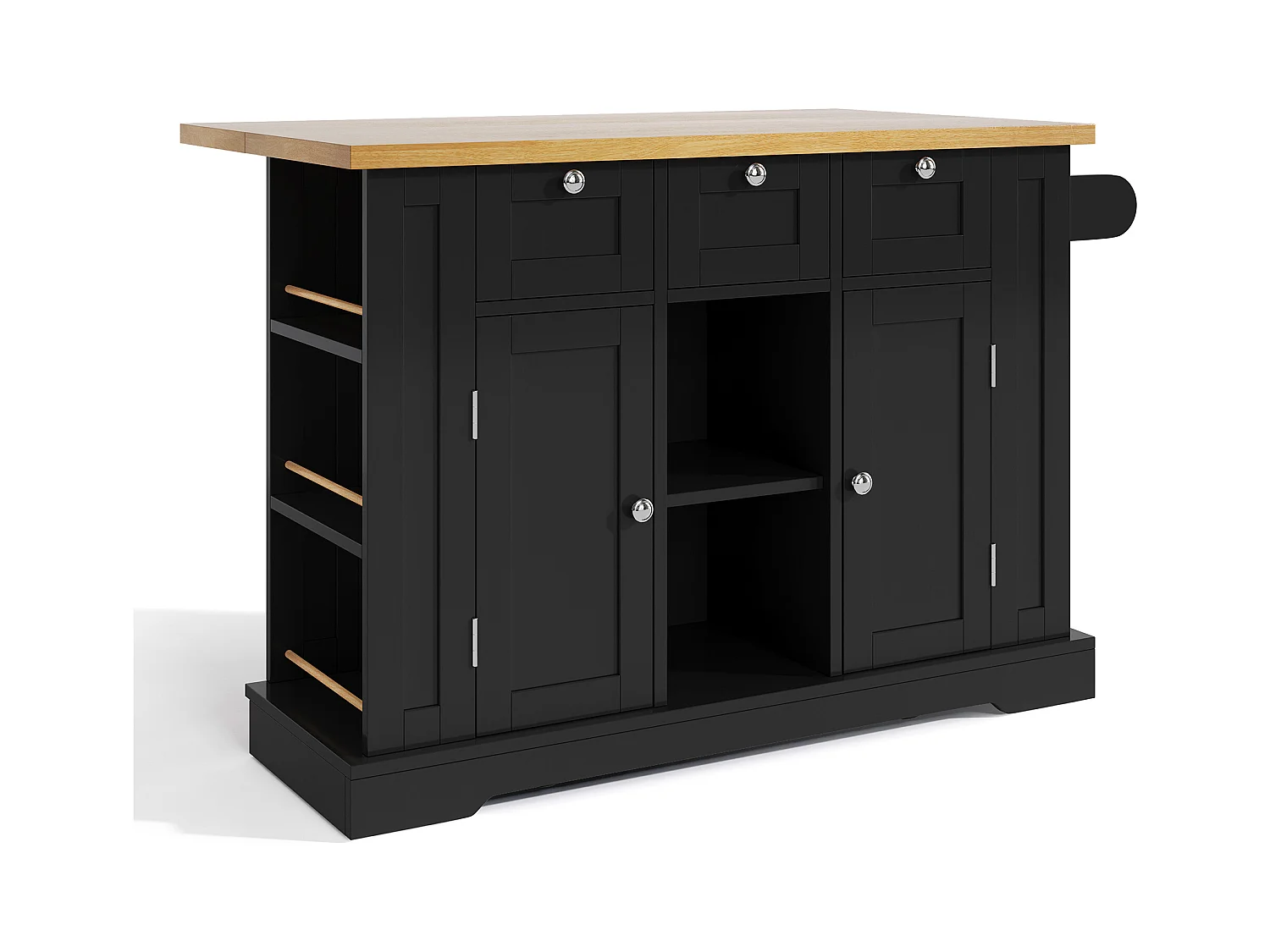 Desserte noir - Îlot de cuisine avec 2 portes et 3 tiroirs - étagère à épices et 5 roulettes - pour cuisine et salle à manger