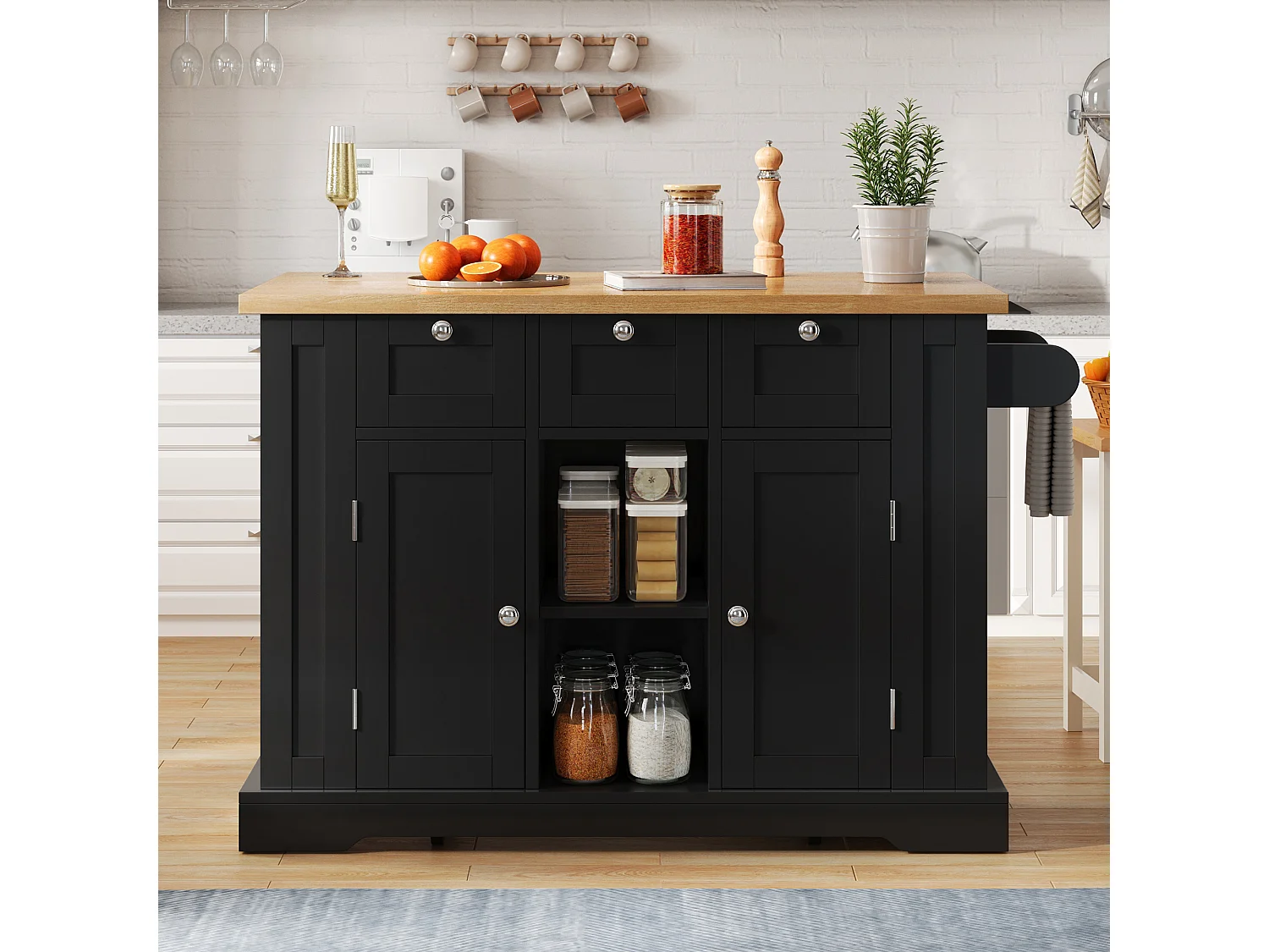 Carrinho preto - Ilha de cozinha com 2 portas e 3 gavetas - porta-temperos e 5 rodízios - para cozinha e sala de jantar