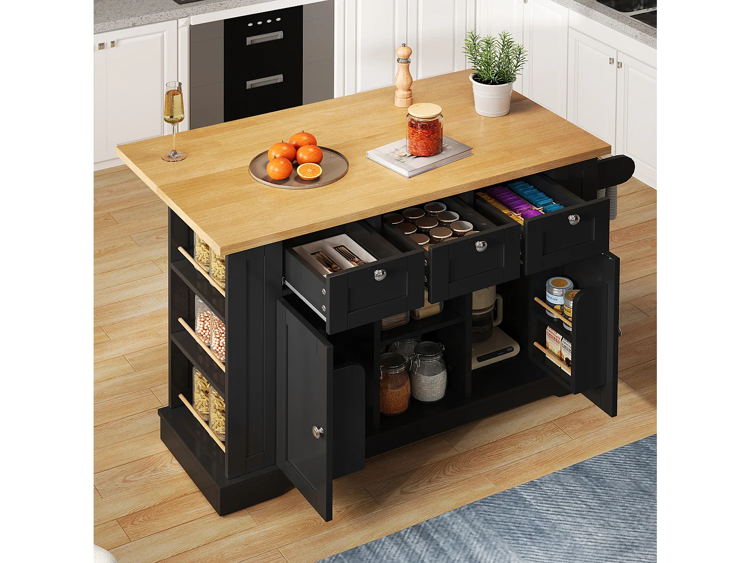 Carrinho preto - Ilha de cozinha com 2 portas e 3 gavetas - porta-temperos e 5 rodízios - para cozinha e sala de jantar