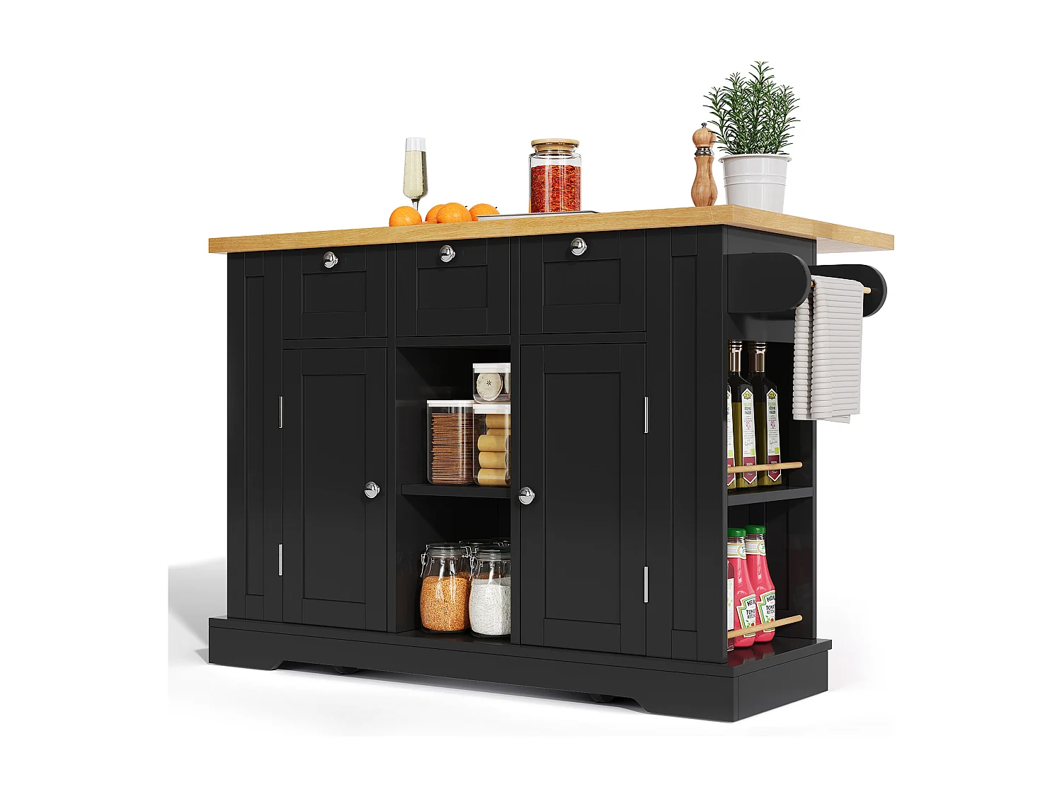 Carrinho preto - Ilha de cozinha com 2 portas e 3 gavetas - porta-temperos e 5 rodízios - para cozinha e sala de jantar