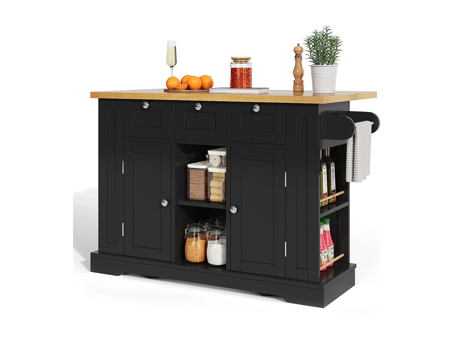 Carrinho preto - Ilha de cozinha com 2 portas e 3 gavetas - porta-temperos e 5 rodízios - para cozinha e sala de jantar