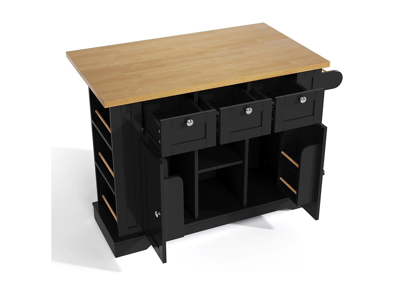 Carrinho preto - Ilha de cozinha com 2 portas e 3 gavetas - porta-temperos e 5 rodízios - para cozinha e sala de jantar