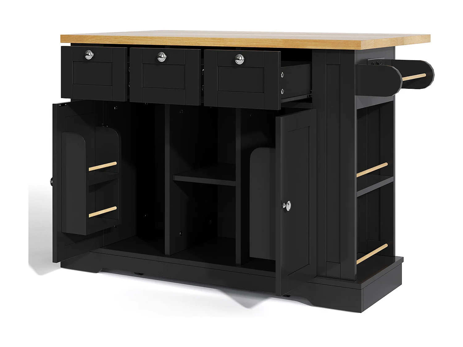 Carrinho preto - Ilha de cozinha com 2 portas e 3 gavetas - porta-temperos e 5 rodízios - para cozinha e sala de jantar