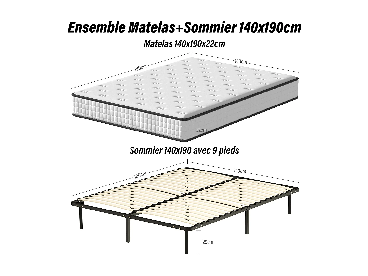 Ensemble Matelas en mousse + Sommier à Lattes 140x190cm, Epaisseur du Matelas 22cm