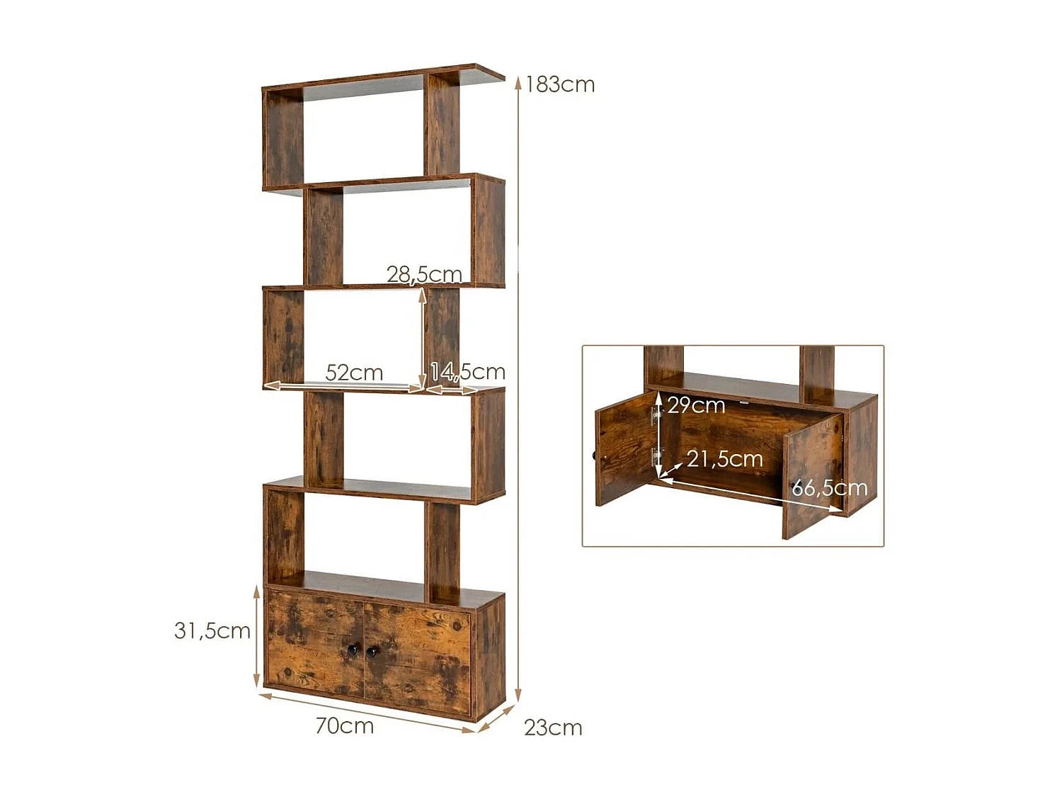 Libreria a forma di S a 5 livelli con ante, Scaffale decorativo in legno per il soggiorno l'ufficio Caffè