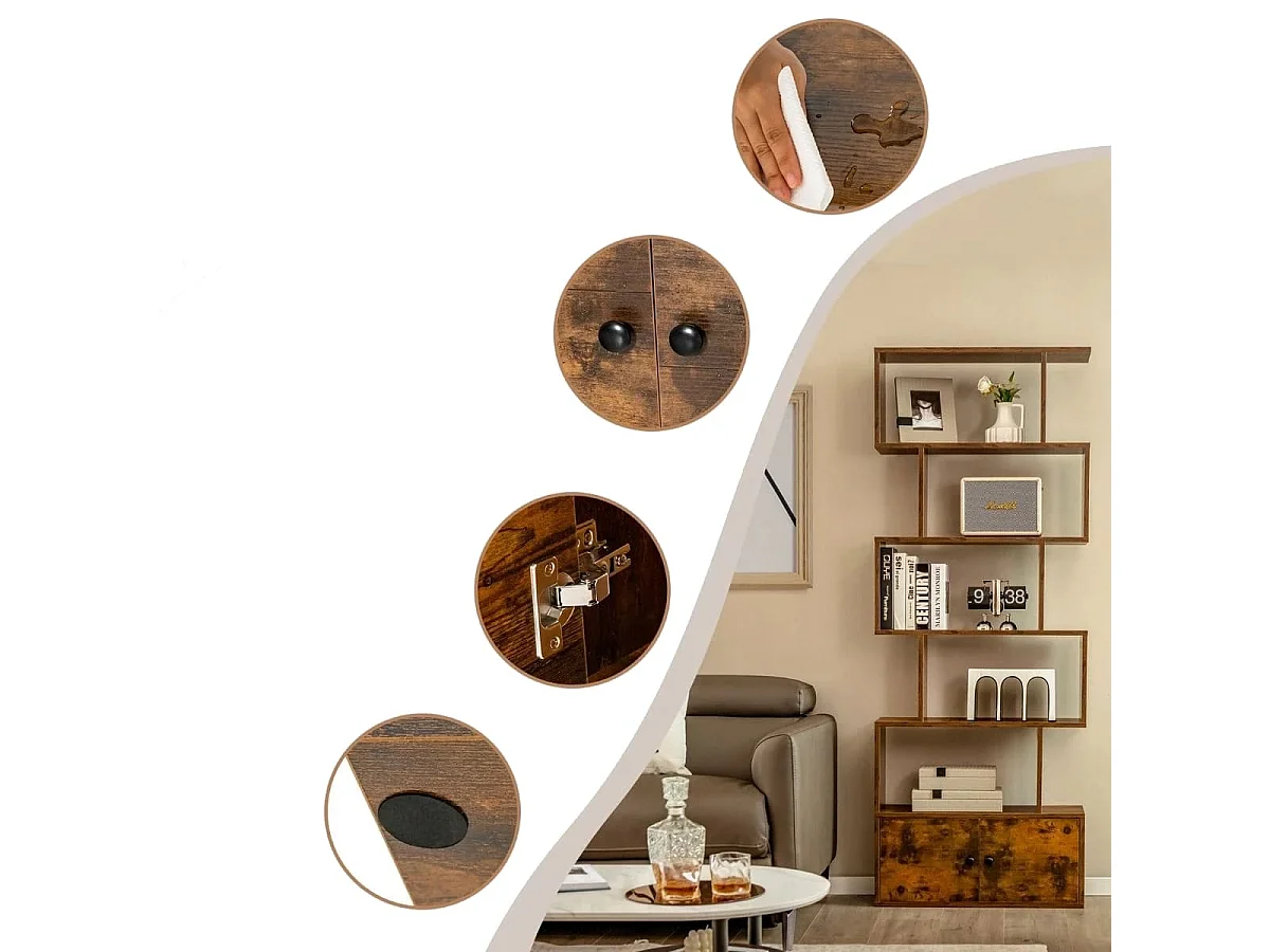 Libreria a forma di S a 5 livelli con ante, Scaffale decorativo in legno per il soggiorno l'ufficio Caffè