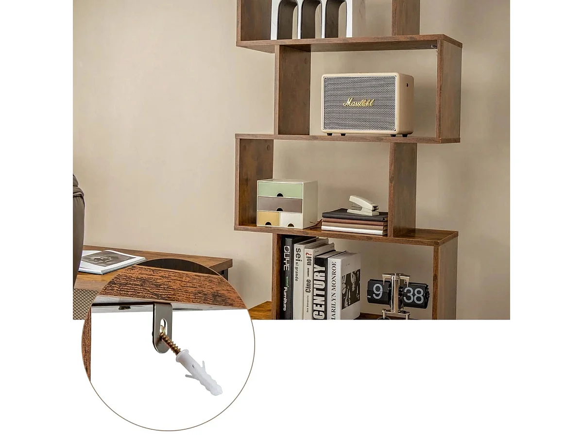 Libreria a forma di S a 5 livelli con ante, Scaffale decorativo in legno per il soggiorno l'ufficio Caffè