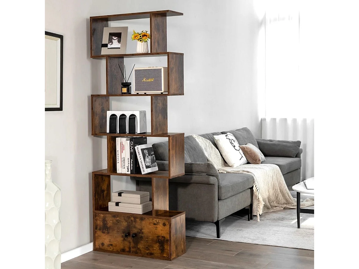 Libreria a forma di S a 5 livelli con ante, Scaffale decorativo in legno per il soggiorno l'ufficio Caffè