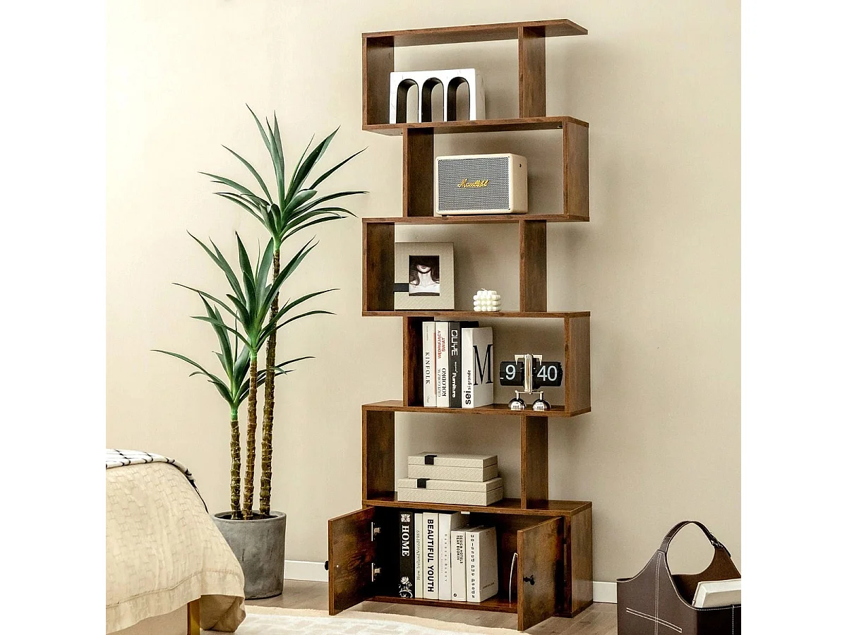 Libreria a forma di S a 5 livelli con ante, Scaffale decorativo in legno per il soggiorno l'ufficio Caffè