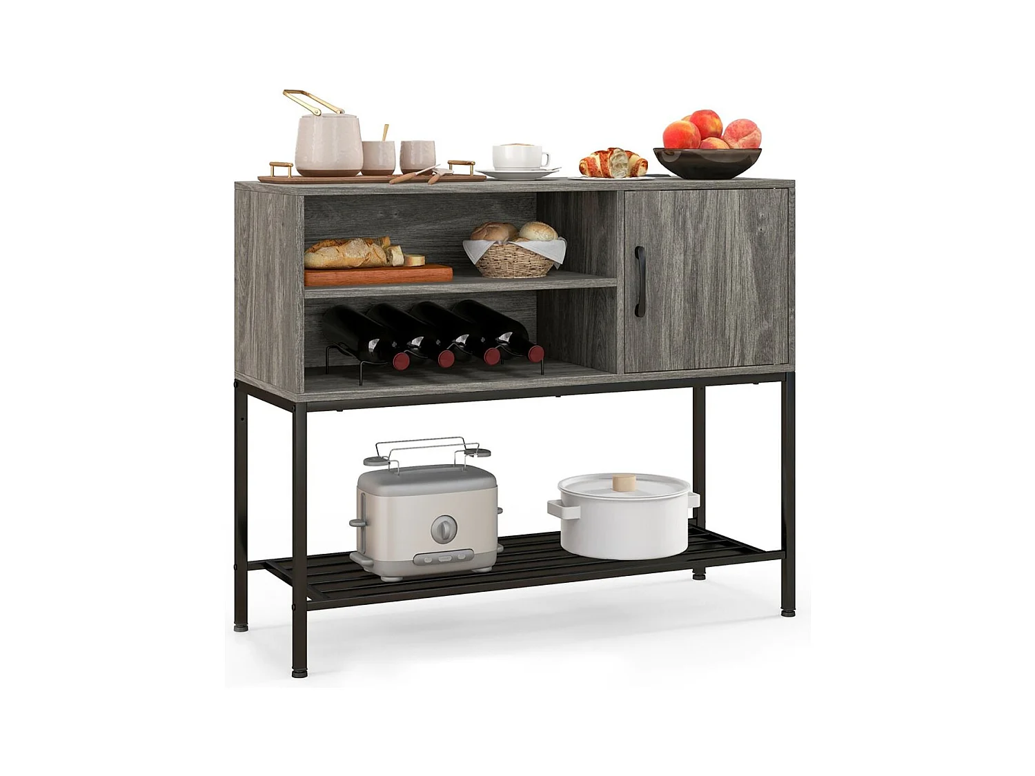 Buffet Latéral Meuble de Bar à Café avec Racks à Vin & Étagères de Rangement Console en Bois avec Cadre Métallique Gris