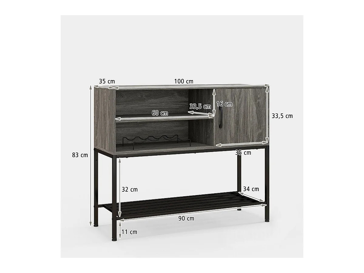 Buffet Latéral Meuble de Bar à Café avec Racks à Vin & Étagères de Rangement Console en Bois avec Cadre Métallique Gris