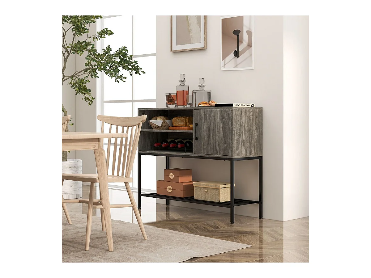 Buffet Latéral Meuble de Bar à Café avec Racks à Vin & Étagères de Rangement Console en Bois avec Cadre Métallique Gris