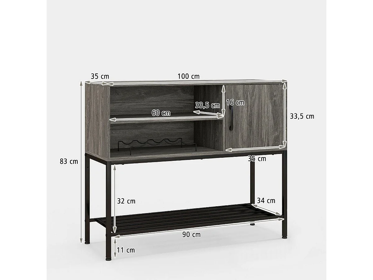 Buffet Latéral Meuble de Bar à Café avec Racks à Vin & Étagères de Rangement Console en Bois avec Cadre Métallique Gris
