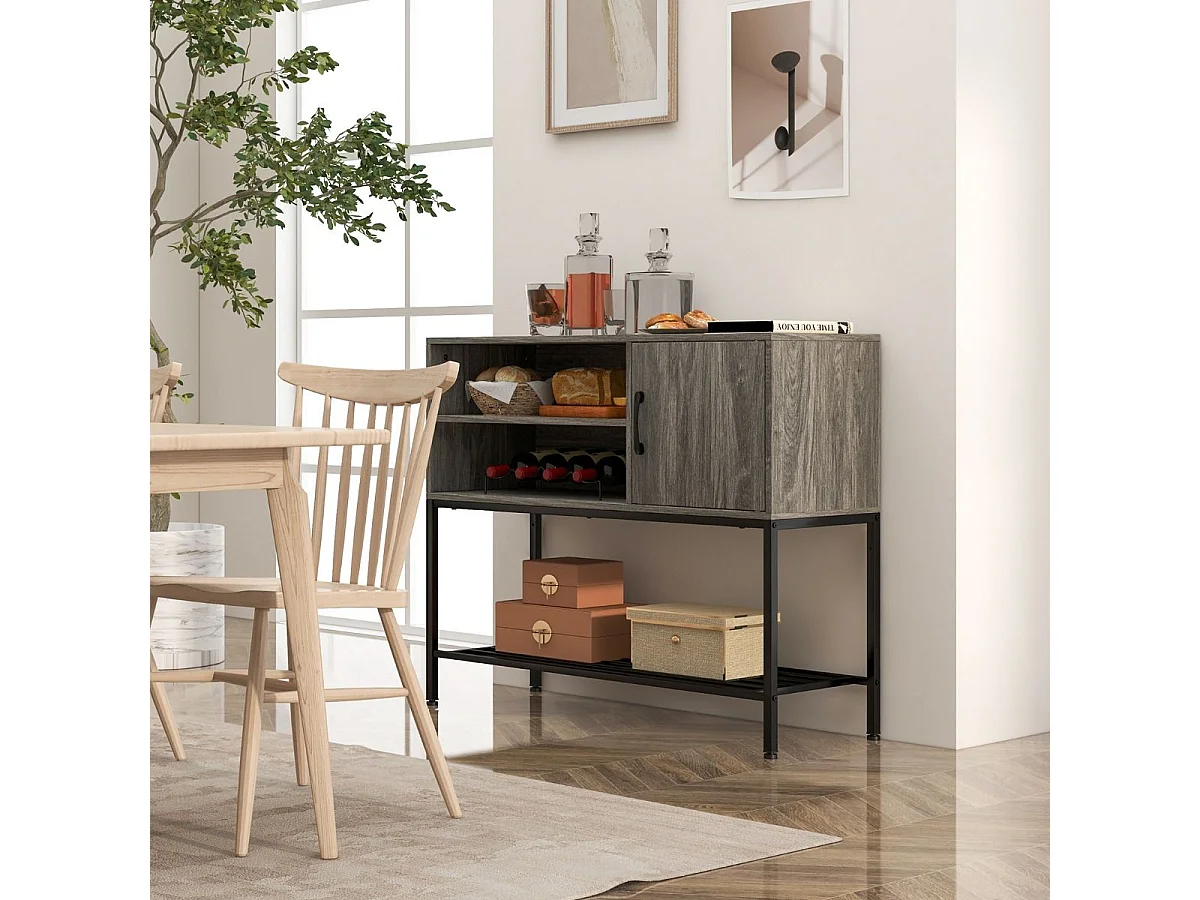 Buffet Latéral Meuble de Bar à Café avec Racks à Vin & Étagères de Rangement Console en Bois avec Cadre Métallique Gris