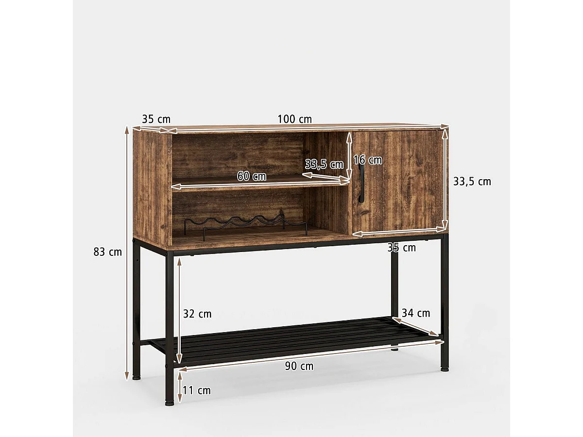 3-stufiges Industrielles Weinregal mit Steckdosen & Flaschenregal & Glashaltern Weinbarschrank Braun