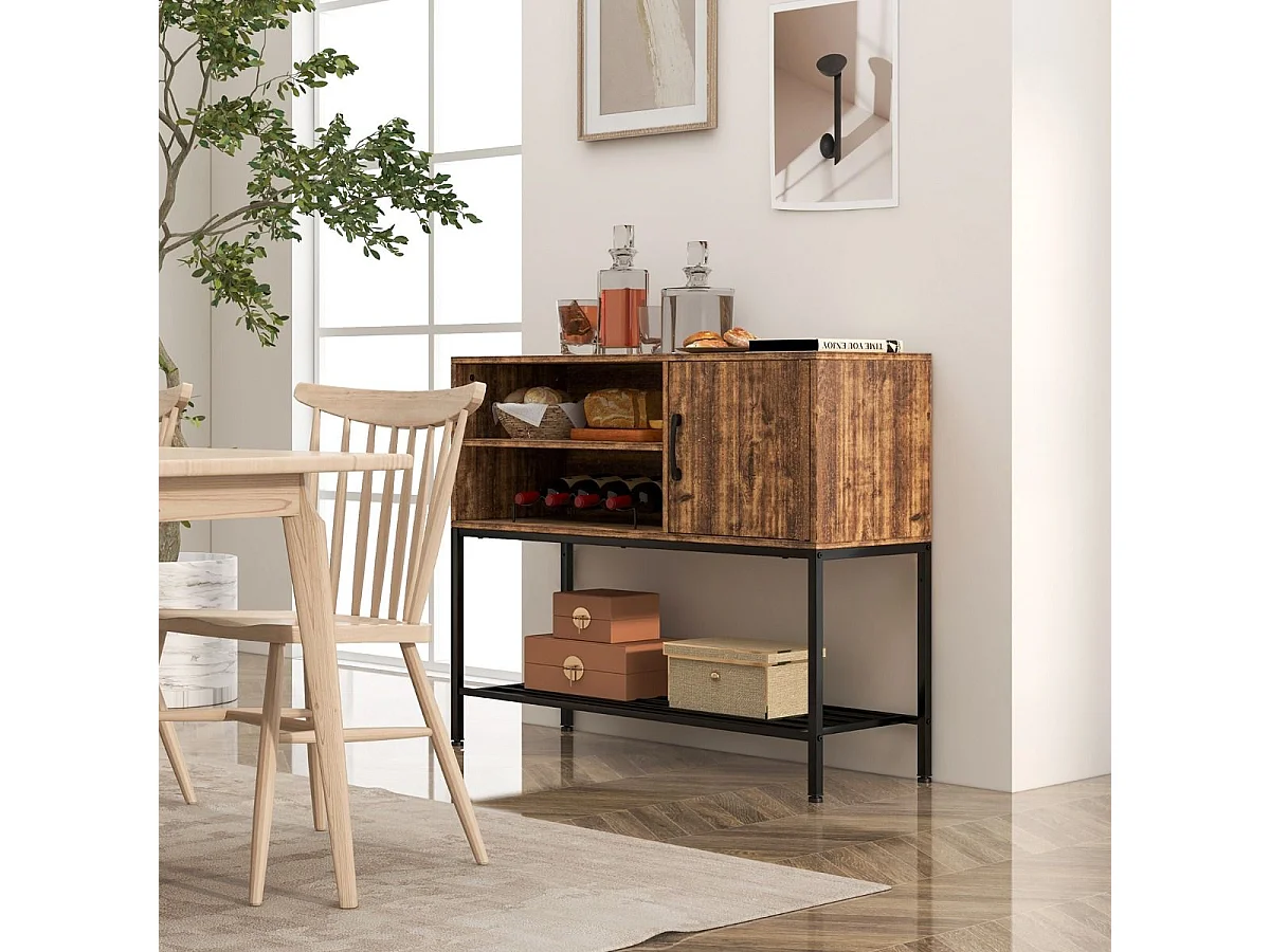 3-stufiges Industrielles Weinregal mit Steckdosen & Flaschenregal & Glashaltern Weinbarschrank Braun