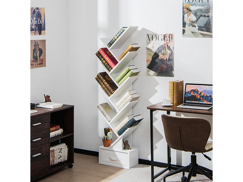 10-stöckiges Baum-Bücherregal mit Schublade Bodenstehendes Lagerregal Weiß