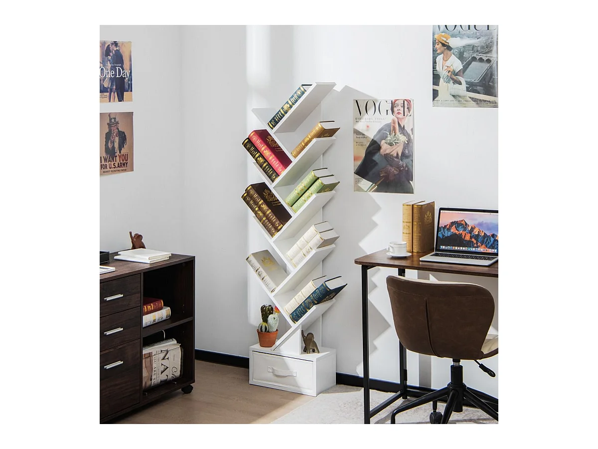 Étagère à 10 Niveaux avec Tiroir Étagère de Rangement au Sol pour CD DVD et Livres pour Chambre Salon et Bureau à Domicile Blanc
