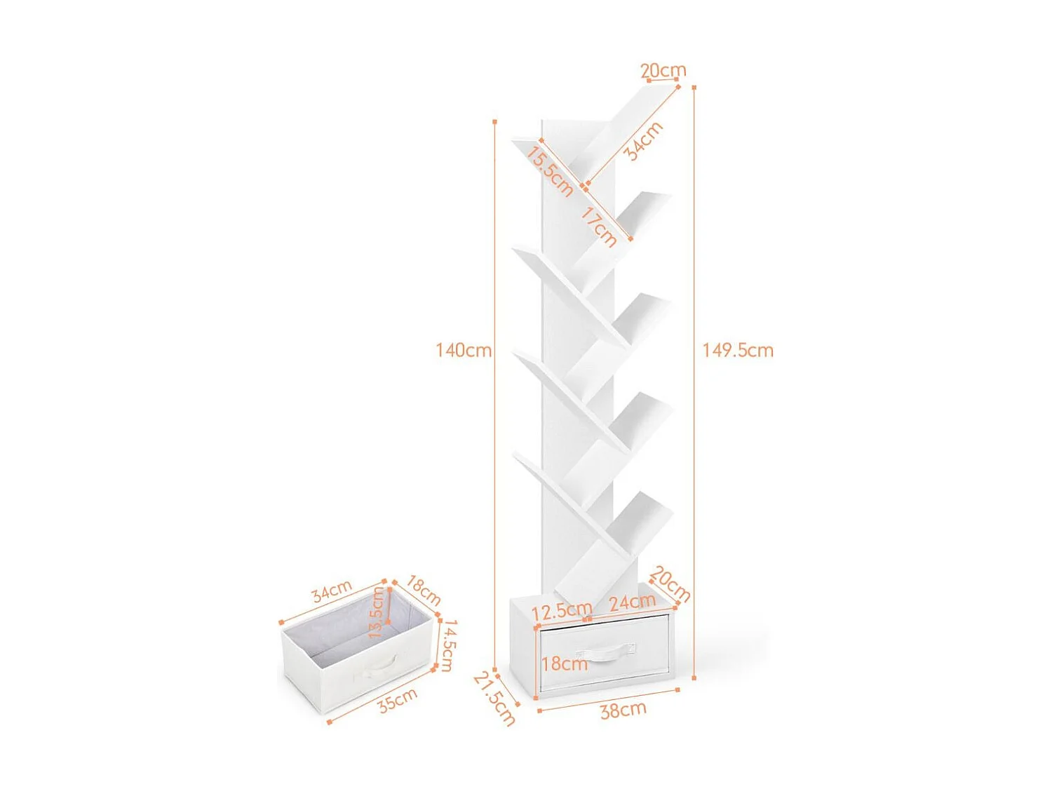 Étagère à 10 Niveaux avec Tiroir Étagère de Rangement au Sol pour CD DVD et Livres pour Chambre Salon et Bureau à Domicile Blanc
