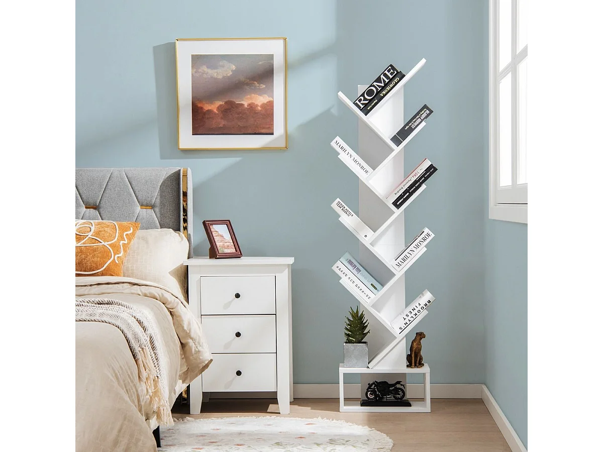 Étagère à 10 Niveaux avec Tiroir Étagère de Rangement au Sol pour CD DVD et Livres pour Chambre Salon et Bureau à Domicile Blanc