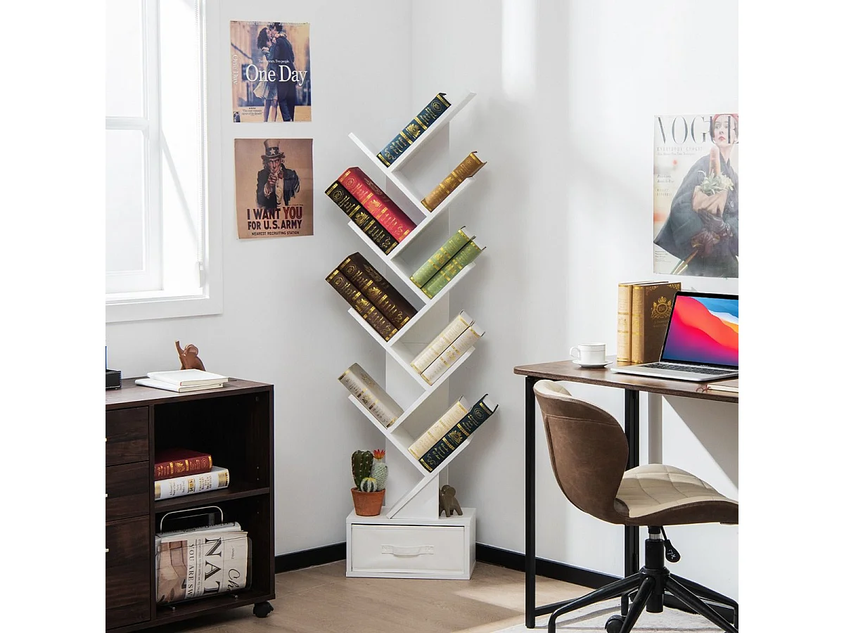 Étagère à 10 Niveaux avec Tiroir Étagère de Rangement au Sol pour CD DVD et Livres pour Chambre Salon et Bureau à Domicile Blanc