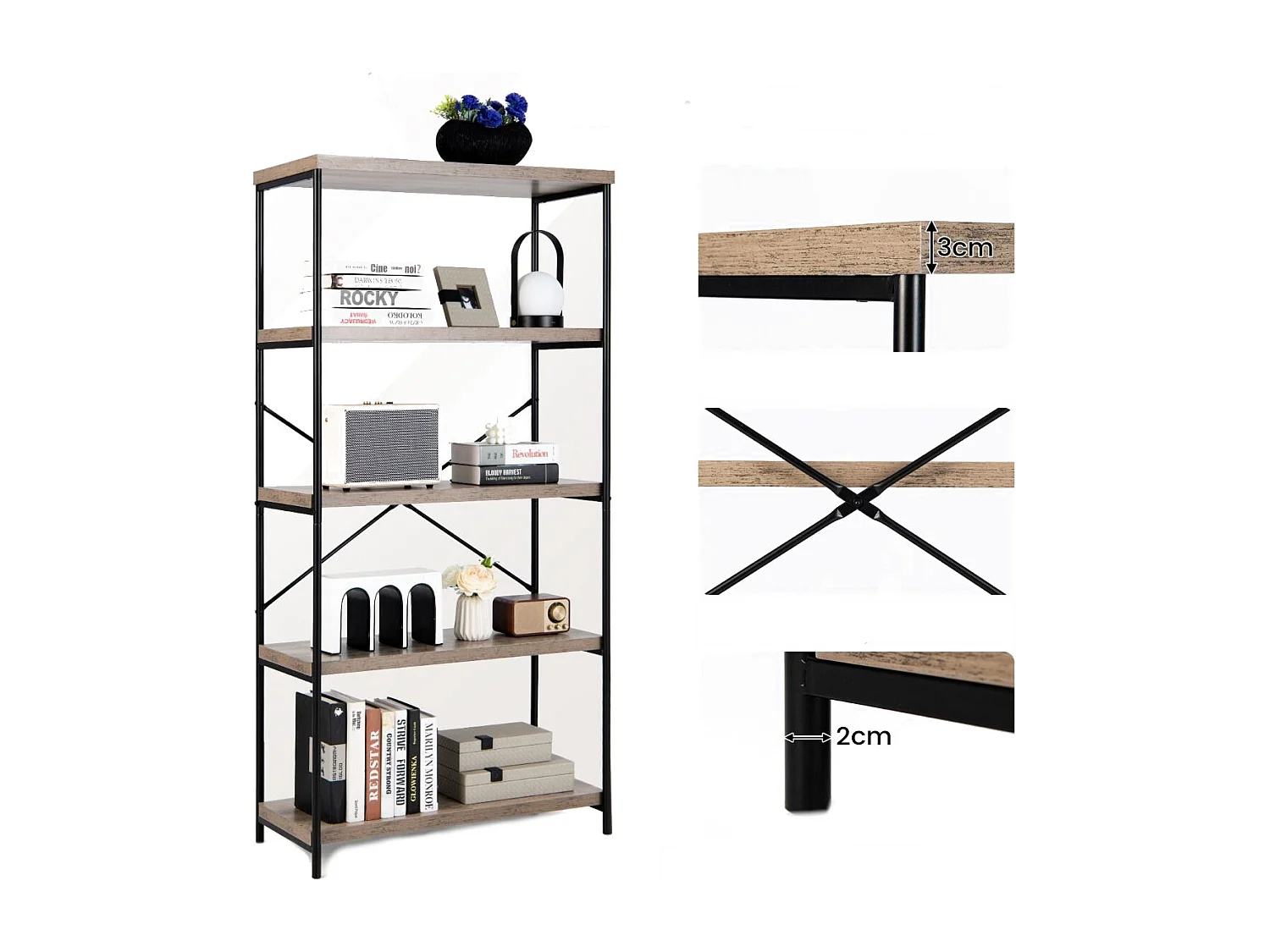 Bücherregal mit 5 Ebenen & Metallrahmen & Industrie-Design Standregal Büroregal Gris