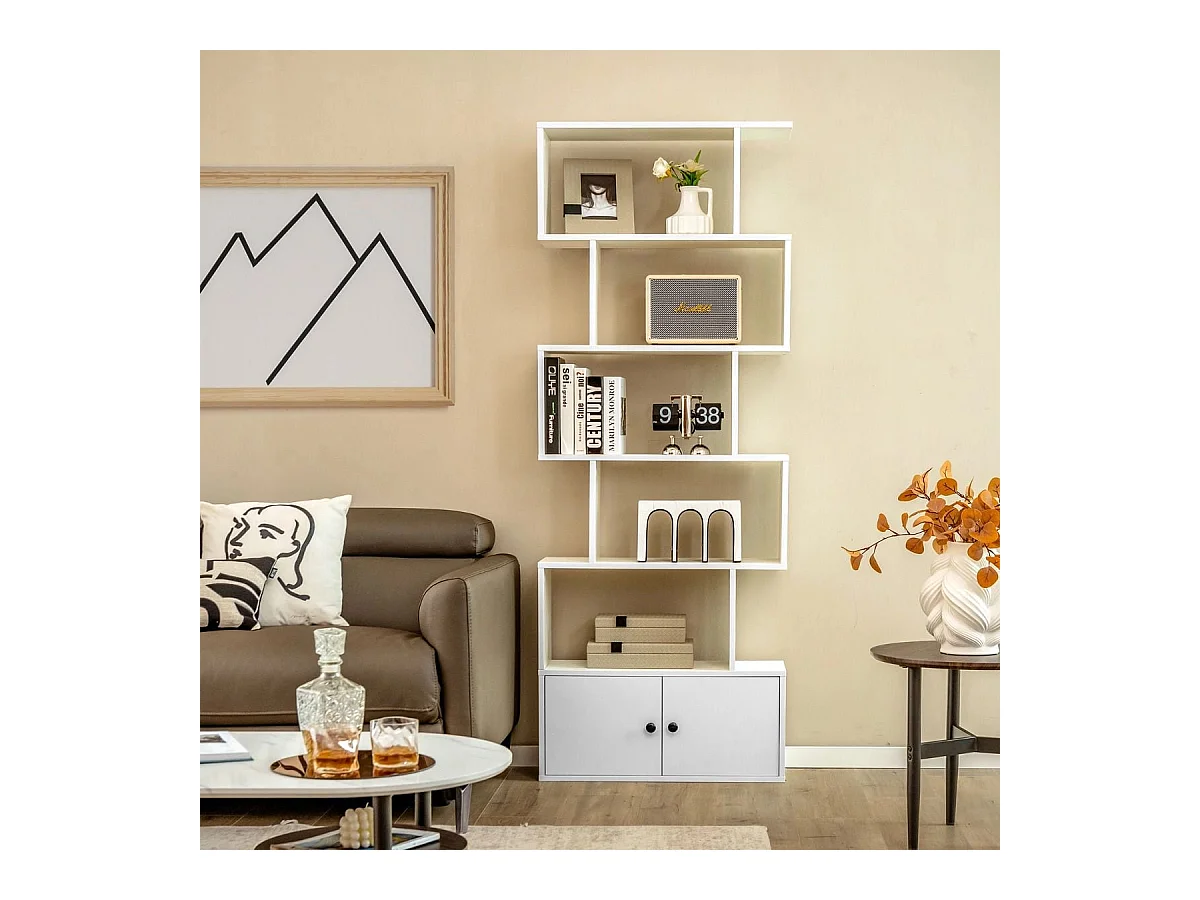Bibliothèque Étagère Échelle en Bois à 6 niveaux avec 2 Portes 70 x 23 x 183 cm Style Moderne Forme en S Blanc