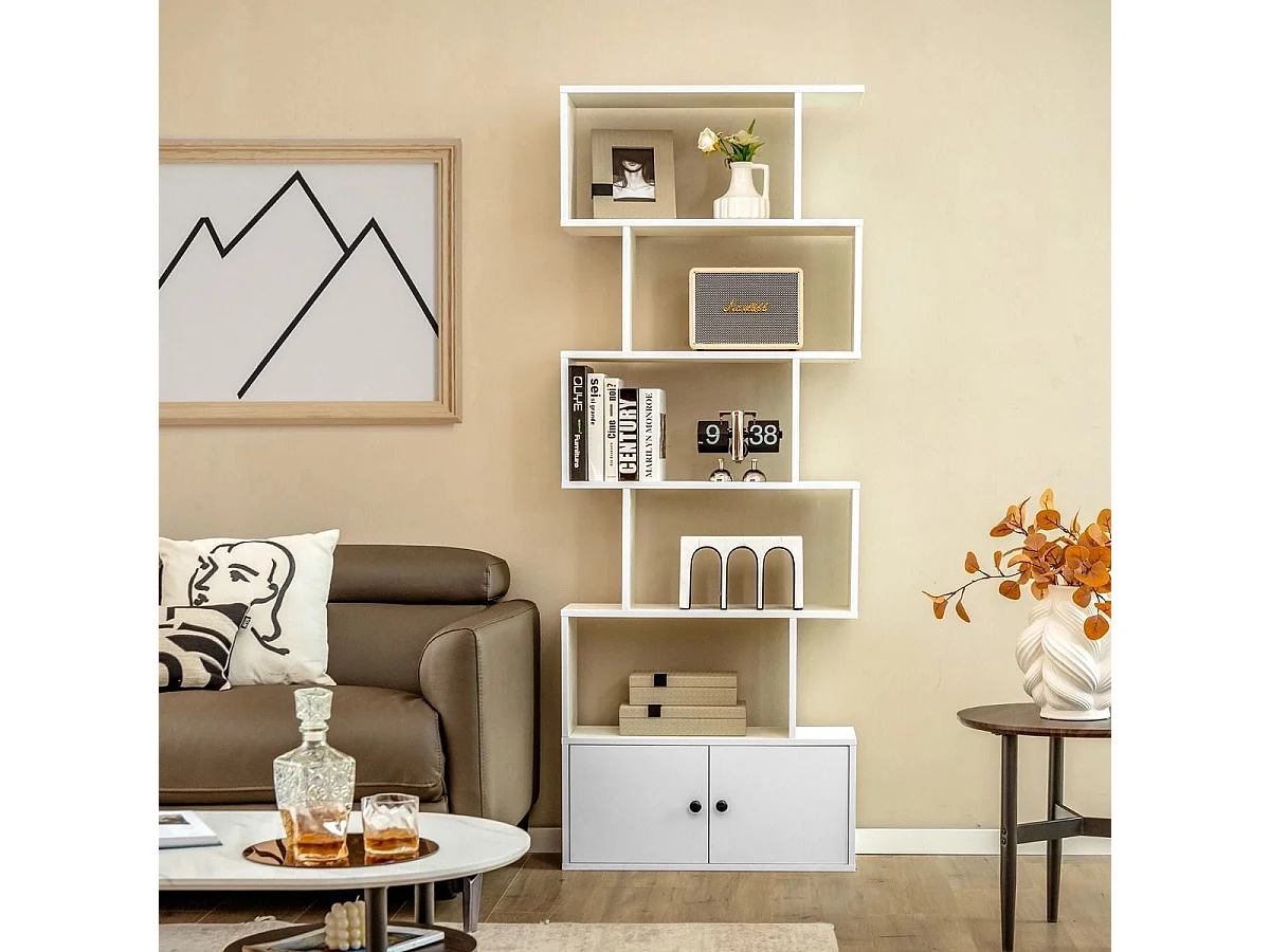 Libreria a forma di S a 5 livelli con ante, Scaffale decorativo in legno per il soggiorno l'ufficio Bianco
