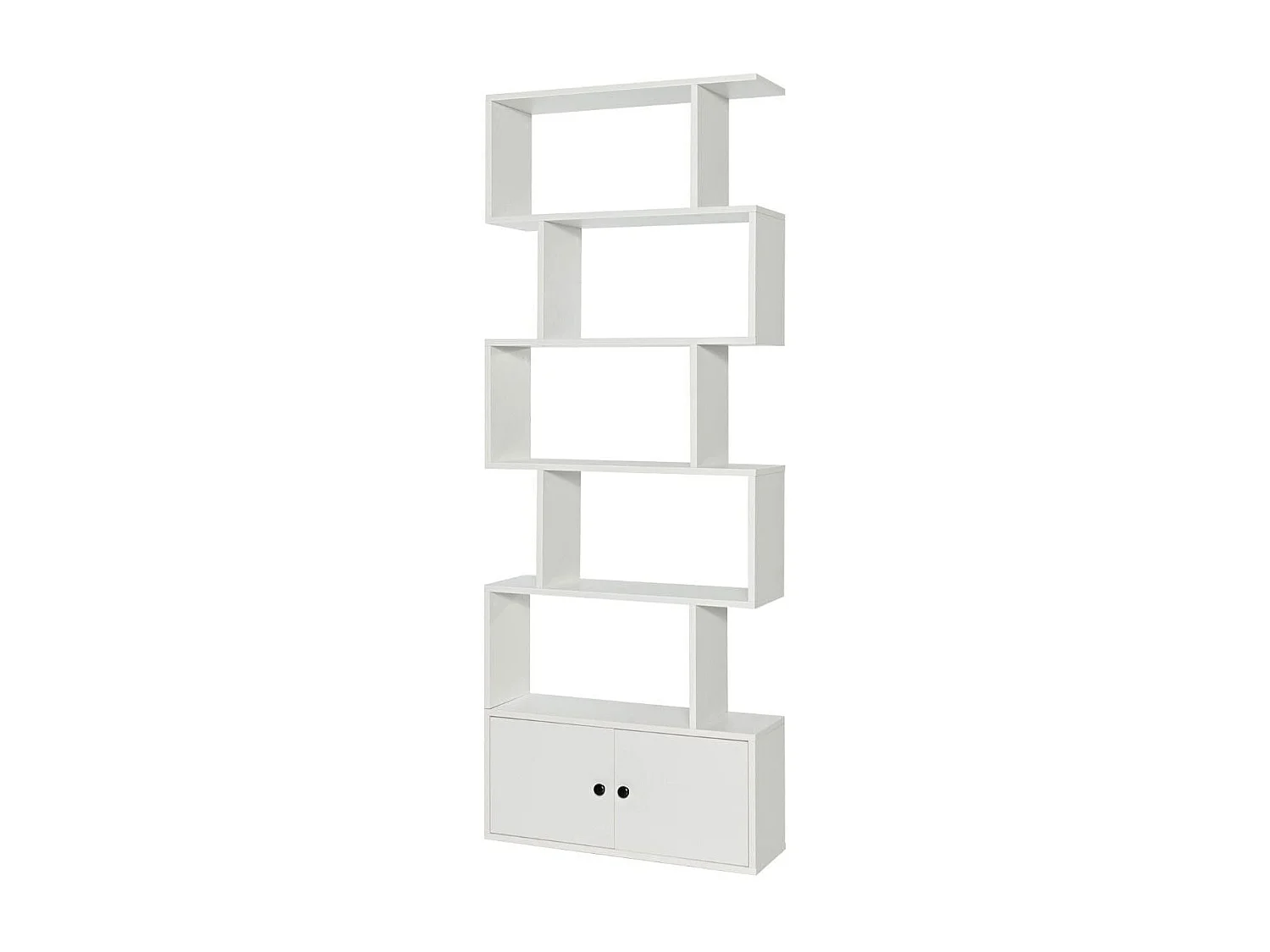 Libreria a forma di S a 5 livelli con ante, Scaffale decorativo in legno per il soggiorno l'ufficio Bianco