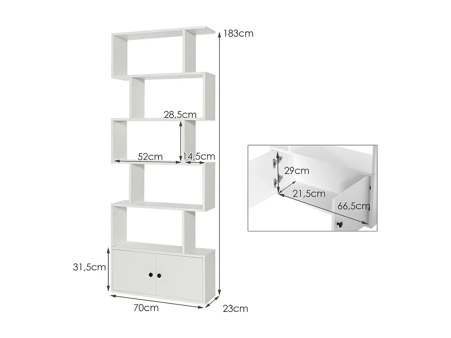 Libreria a forma di S a 5 livelli con ante, Scaffale decorativo in legno per il soggiorno l'ufficio Bianco