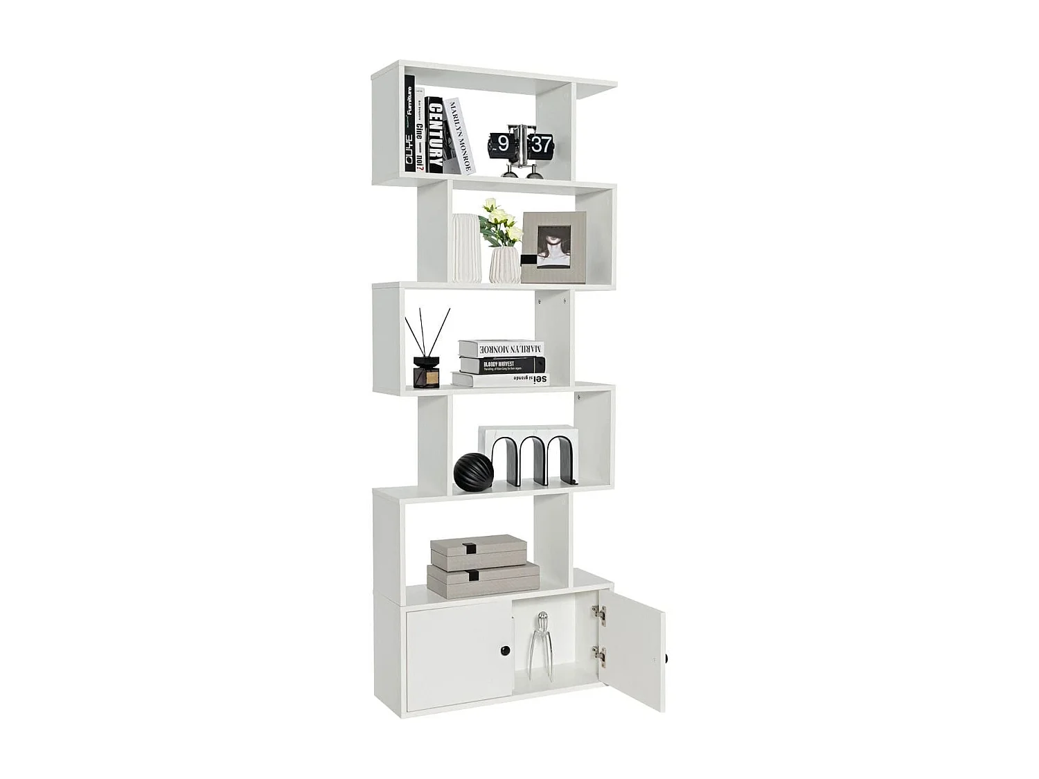 Libreria a forma di S a 5 livelli con ante, Scaffale decorativo in legno per il soggiorno l'ufficio Bianco