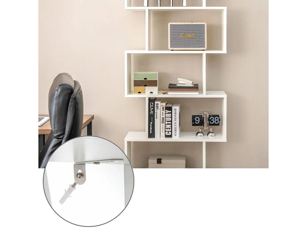 Libreria a forma di S a 5 livelli con ante, Scaffale decorativo in legno per il soggiorno l'ufficio Bianco
