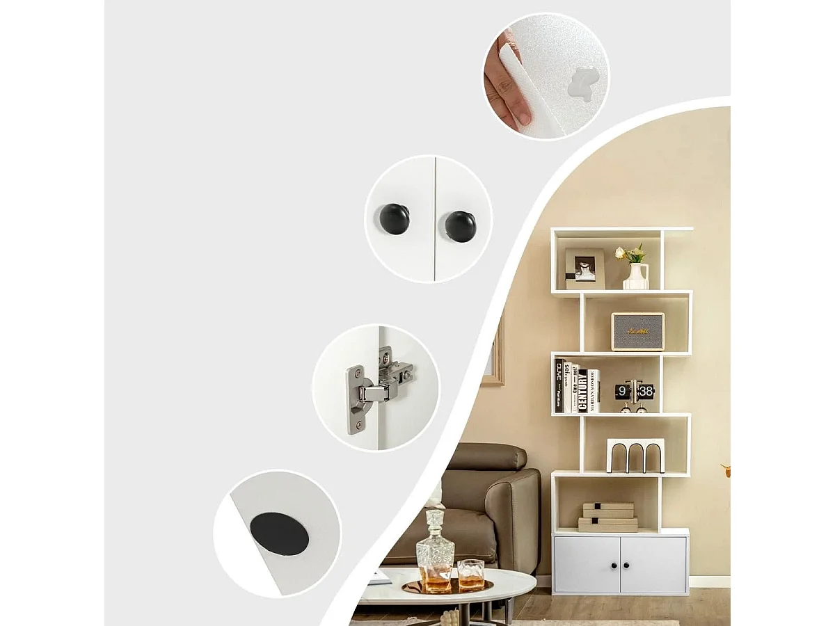 Libreria a forma di S a 5 livelli con ante, Scaffale decorativo in legno per il soggiorno l'ufficio Bianco